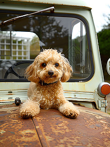 可爱动物卡通车前的小狗背景