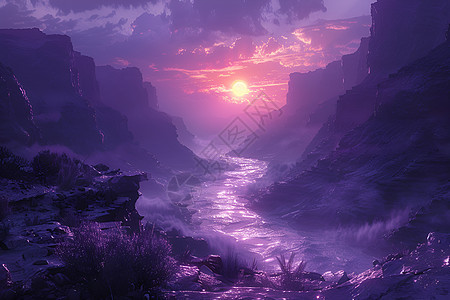 紫色苍穹下的奇幻山谷图片