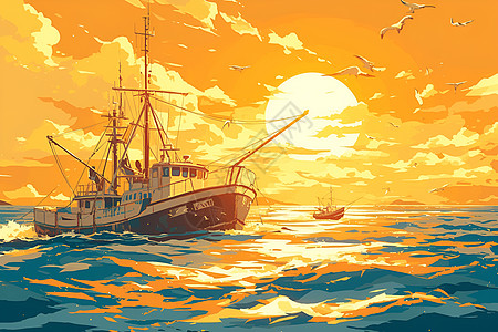 大海渔船夕阳下的渔船插画