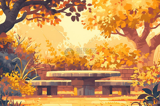 秋日园林里的石桌石凳图片