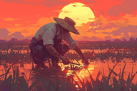 夕阳中的农民伯伯图片