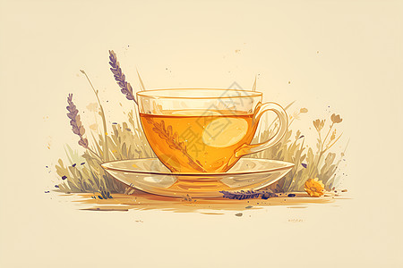 草地上的玻璃茶杯背景图片