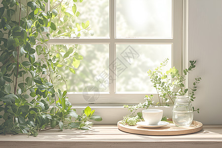 阳光窗台木制托盘里的玻璃茶具背景