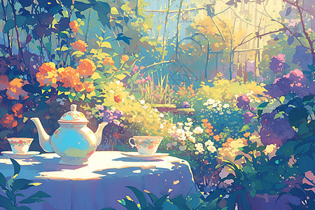 花园茶桌上的茶壶背景图片