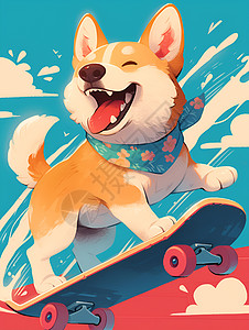 蓝天下骑着滑板的快乐小狗图片