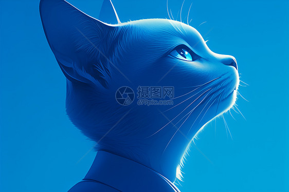 蓝色猫咪仰望蓝天图片