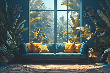 沙发旁的热带植物背景图片