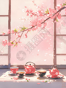 签约仪式背景樱花背景下的传统茶道仪式插画