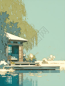 湖畔茶屋与柳树环绕的宁静景色图片