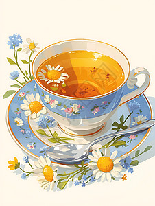 鲜花点缀的茶杯背景图片