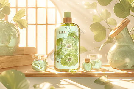 花朵与清香绿瓶洗发液背景图片