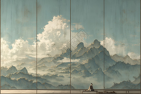 山水画前的茶台背景图片