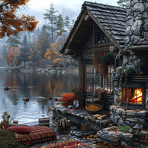 森林湖畔的木屋图片