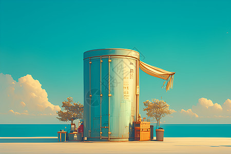 沙滩上的圆柱容器背景图片