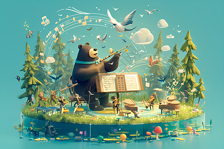 森林里的棕熊指挥交响乐图片