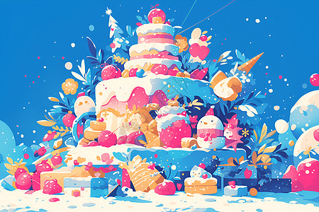 雪地上的缤纷蛋糕插画