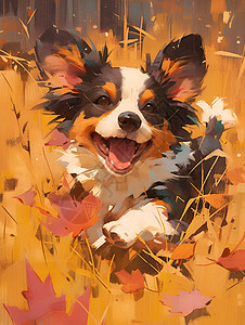 欢乐秋叶中嬉戏的小狗背景图片