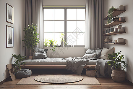 住宅内的沙发和盆栽植物图片