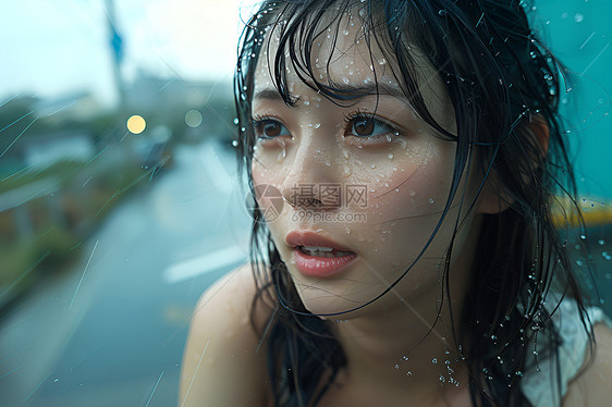 雨中的年轻女孩图片