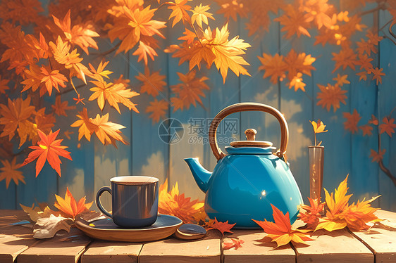 秋叶下的茶壶图片