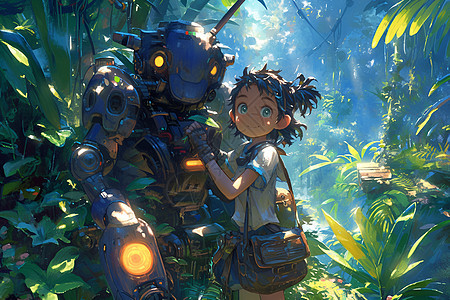 丛林中的女孩和机器人图片