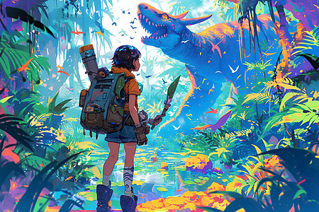 森林探险的女孩插画背景图片