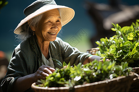 阳光下采茶的老妇人图片