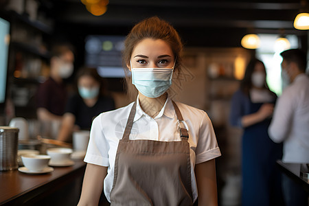 餐厅里戴着口罩的服务员背景图片