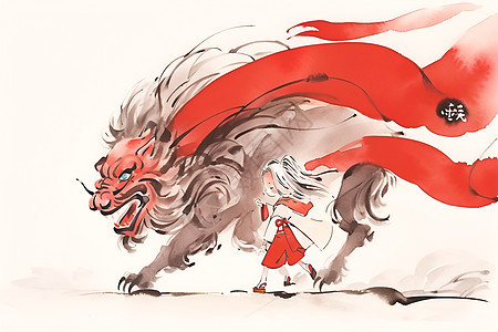 小女孩传统舞狮背景图片