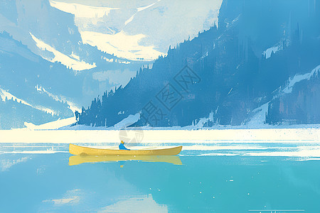 山脉中湖泊的孤舟背景图片