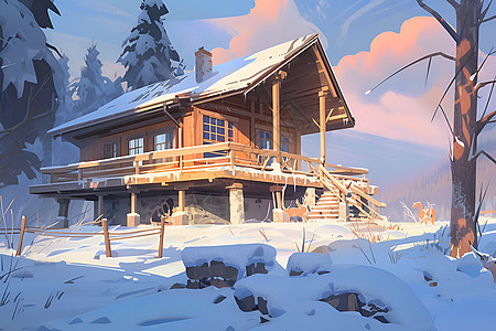 冬日山间小屋背景图片