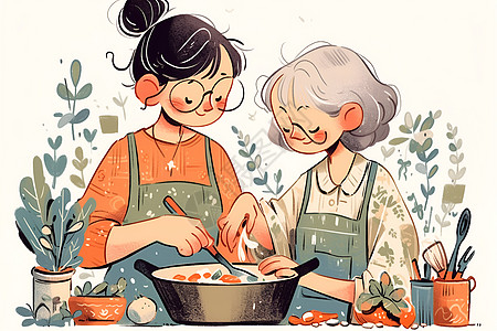 共享厨艺的两位老人插画