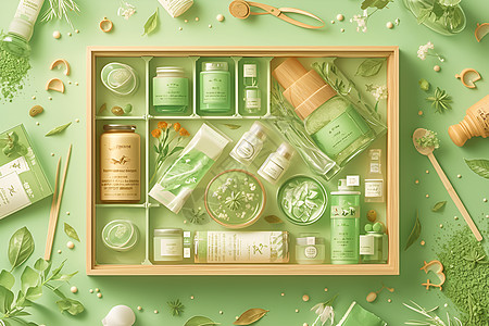 产品盒子绿色盒子与木勺插画