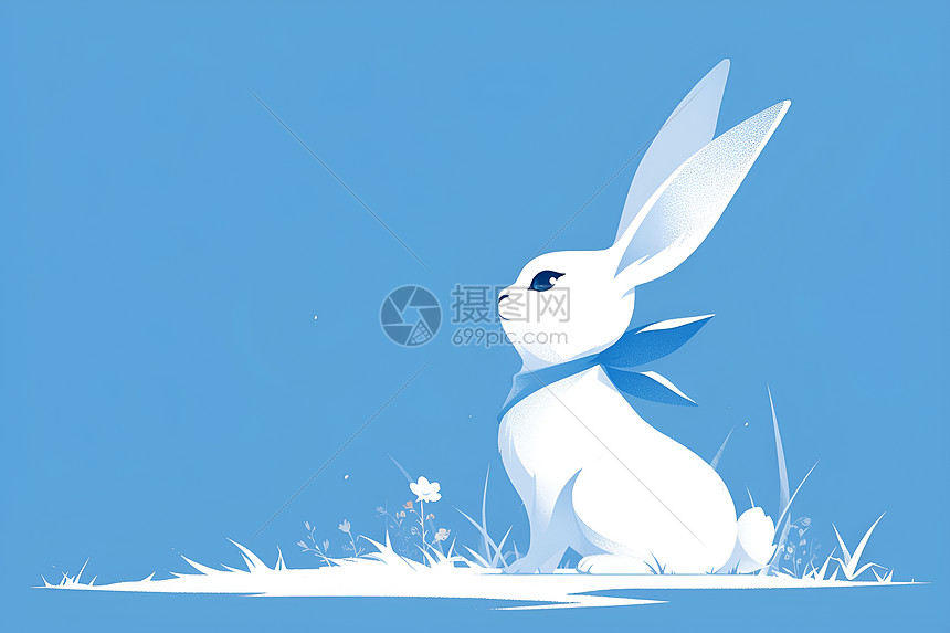 蓝天草地中的白兔图片