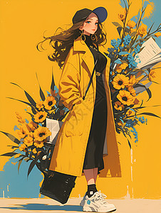 黄色的花时尚女郎与花束插画