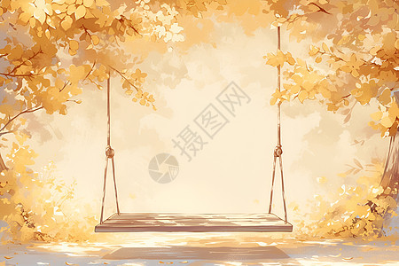 金秋树木下的秋千背景图片