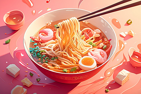 虾仁馄饨美味虾仁鸡蛋面插画