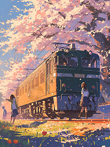 春天草地缤纷樱花树下的列车插画