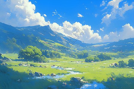 蓝天下的草地河流图片
