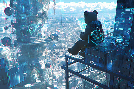 城市建筑屋顶的熊背景图片
