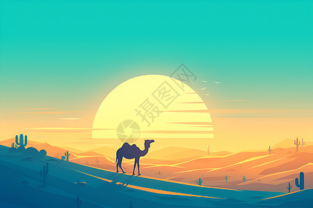 日落沙丘中的骆驼图片