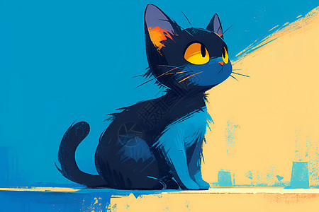 蓝色背景里的黑猫图片
