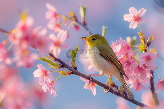 樱花树枝上的小鸟图片