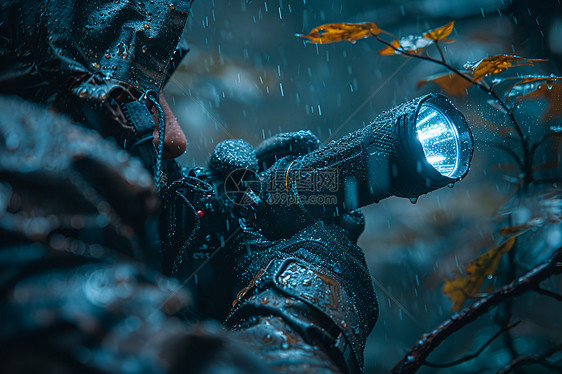 雨夜拿着手电筒的男人图片