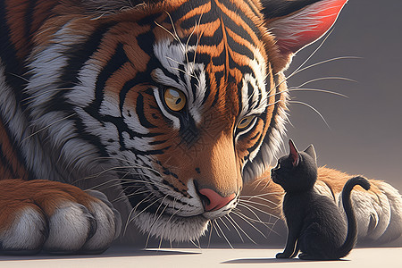 黑猫与凶猛的老虎图片