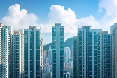 白云下的摩天大楼背景图片
