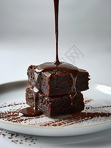 滴落在布朗尼蛋糕上的巧克力酱图片