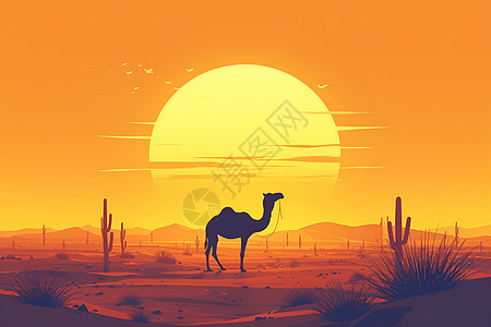 沙漠黄昏中的简约骆驼剪影图片