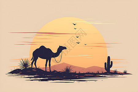沙漠之旅夕阳下骆驼背景图片