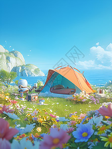海边花海中的可爱帐篷图片